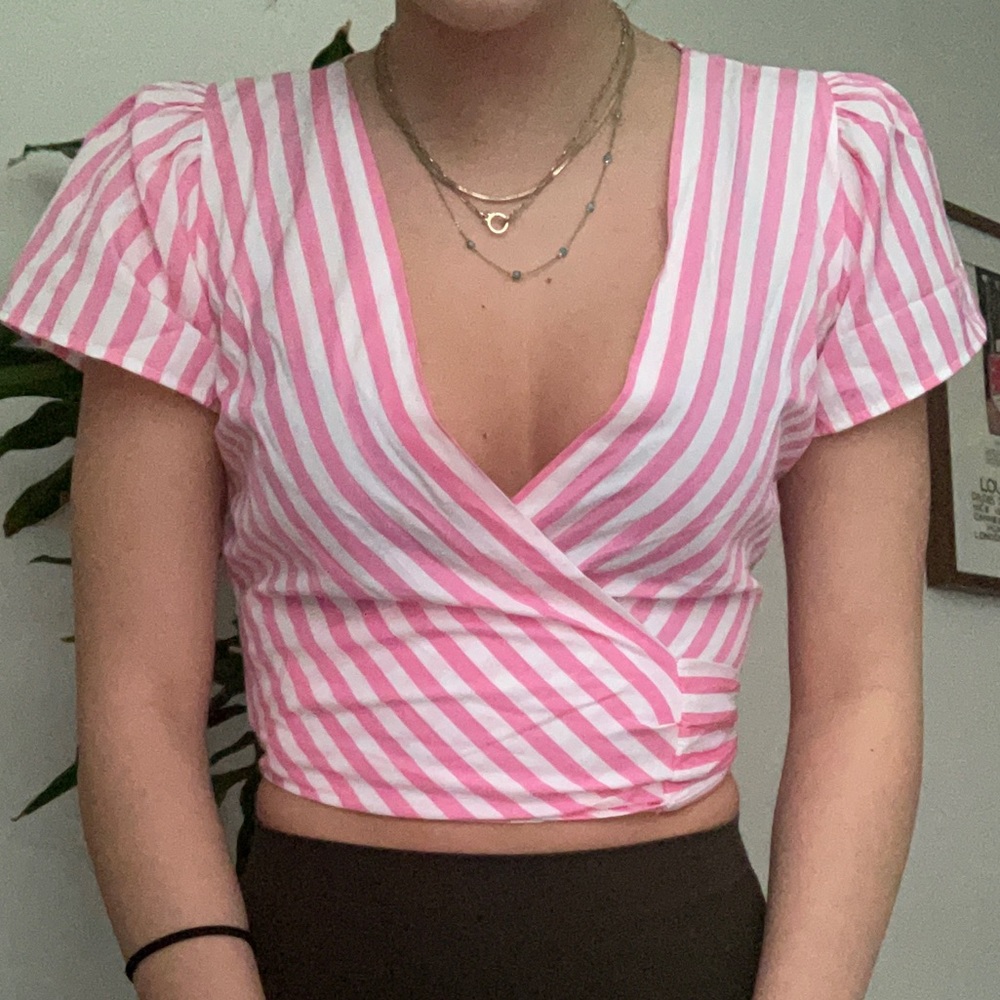 NWT Pink and White Stripe Short Sleeve Wrap Top